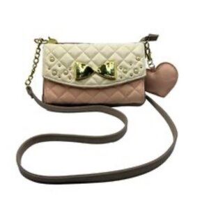Betsey Johnson Pink & Off White Quilted Crossbody Bag, Gold Bow & Heart Charm